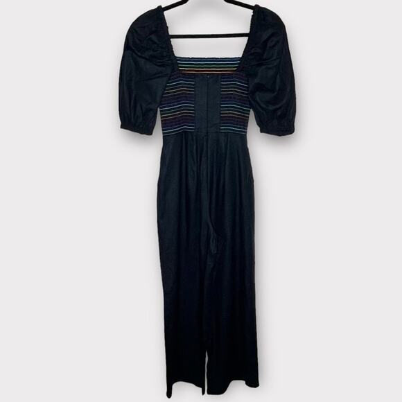 SOMETHING NAVY Rainbow Smocked Linen Blend Jumpsuit Puff Sleeve Size XS - Picture 4 of 9